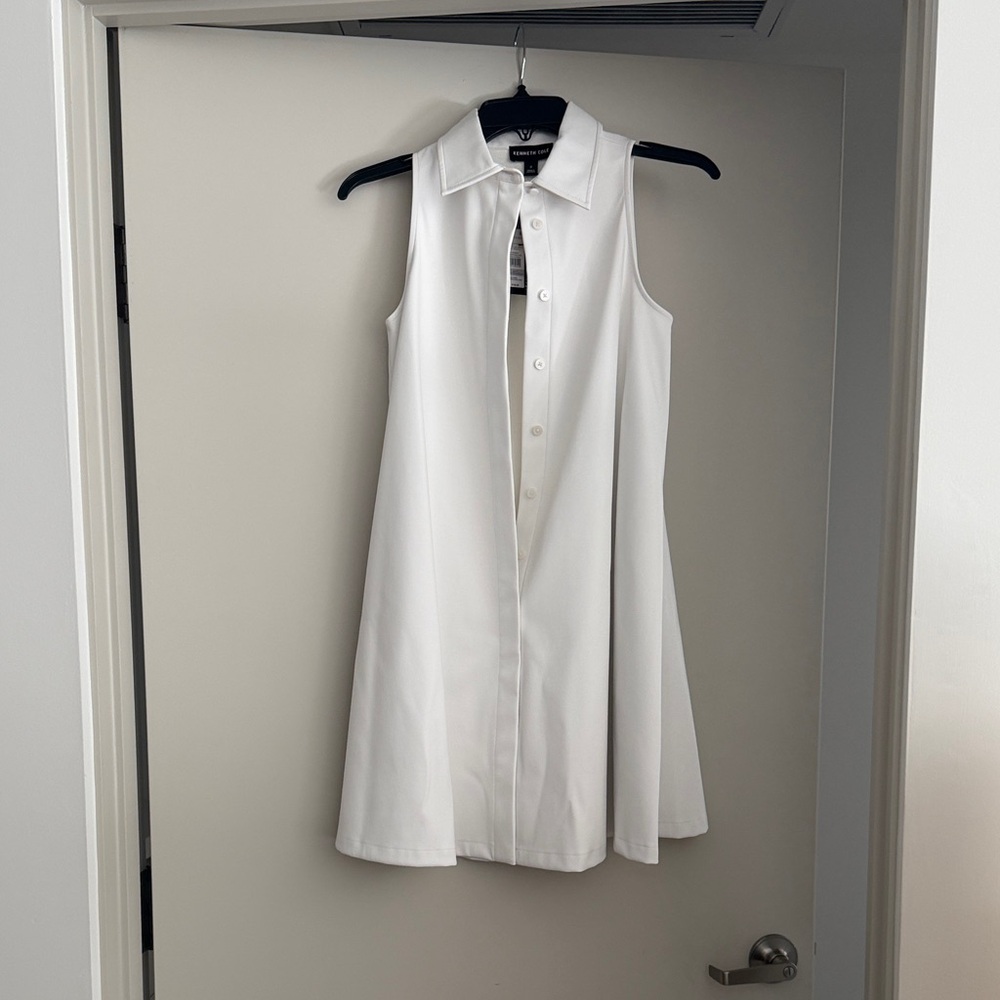 KENNETH COLE HALTER SHIRT SWING DRESS Sleeveless white faux leather Shift Dress